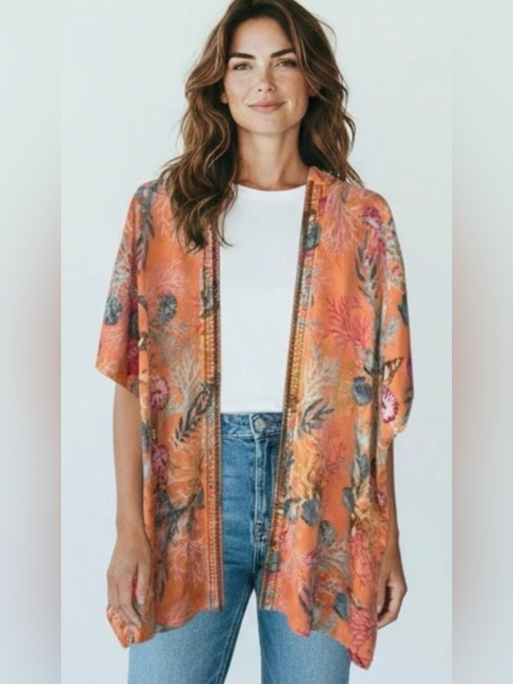 Chico's Coral Reef Ruana Floral Tropical Print Kimino / Beach cover-up L/XL